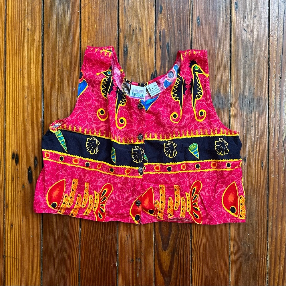 Vintage 90s Jammin Fashion sleeveless fish print blouse